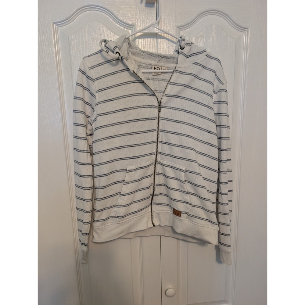 ROXY Full Zip Hoodie White Blue Knit Long Sleeve Size medium